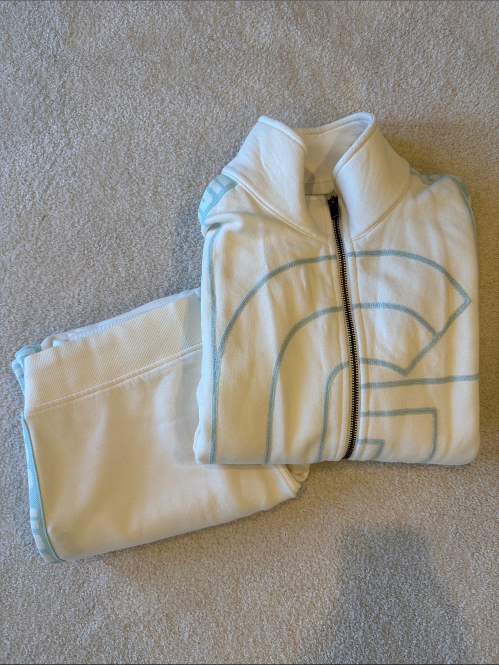 UGG White Track Jacket and Jogger with Light Blue Logo and Stripe Trim
